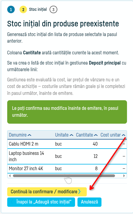 Cum adaugi un stoc inițial - pasul 4